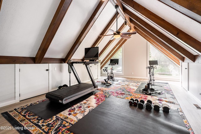 2918 Spickert Knob Rd, Floyds Knobs, IN 47119 - workout area with lofted ceiling, wood finished floors, and a ceiling fan