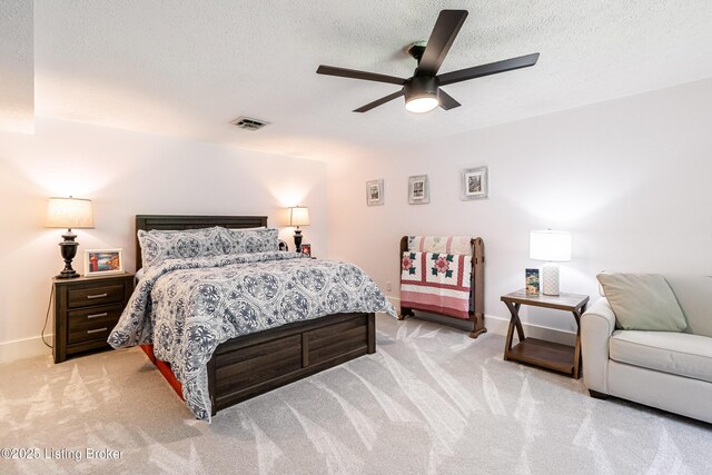2918 Spickert Knob Rd, Floyds Knobs, IN 47119 - bedroom with light colored carpet, a textured ceiling, and a ceiling fan