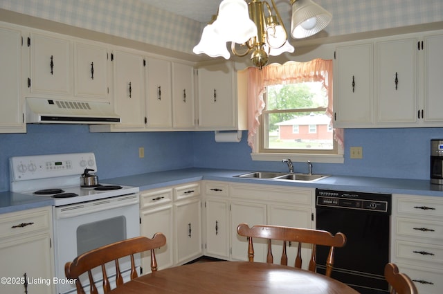 8413 Old Boundary Rd, Louisville, KY 40291 - kitchen with electric range, black dishwasher, range hood, a chandelier, and white cabinets