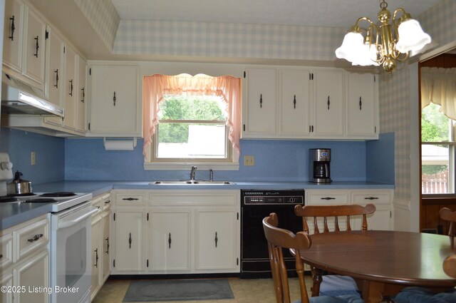 8413 Old Boundary Rd, Louisville, KY 40291 - kitchen featuring dishwasher, electric stove, under cabinet range hood, wallpapered walls, and a chandelier
