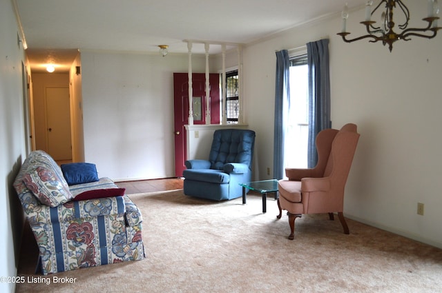8413 Old Boundary Rd, Louisville, KY 40291 - sitting room featuring a chandelier, carpet floors, and ornamental molding