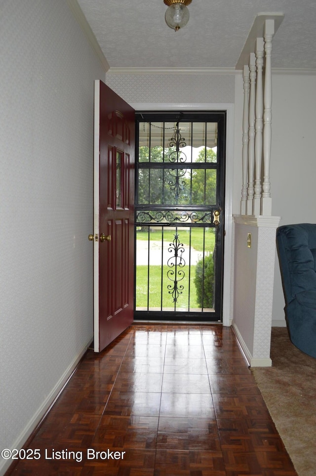 8413 Old Boundary Rd, Louisville, KY 40291 - doorway to outside with wallpapered walls and crown molding