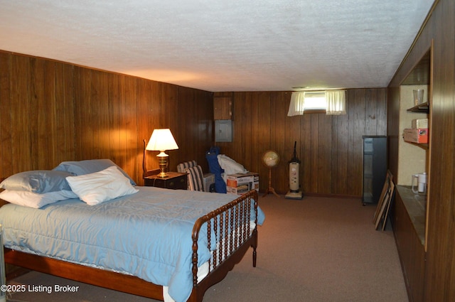 8413 Old Boundary Rd, Louisville, KY 40291 - carpeted bedroom with wood walls, electric panel, and a textured ceiling