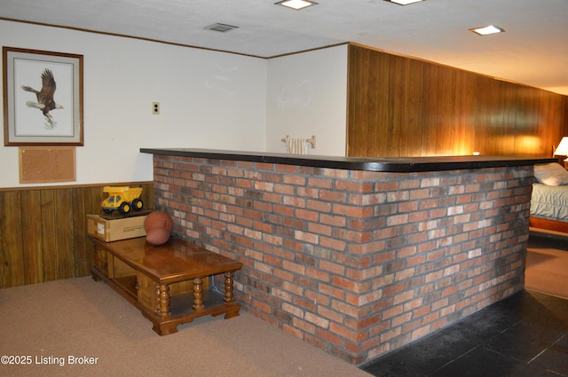 8413 Old Boundary Rd, Louisville, KY 40291 - bar featuring a wainscoted wall, wood walls, ornamental molding, and brick wall