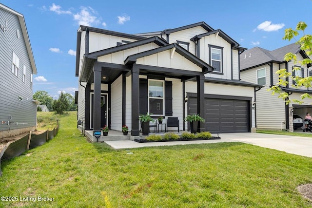 19136 Catalpa Fields Pl, Louisville, KY 40023 - view of front of property with a porch, board and batten siding, driveway, a garage, and a front yard