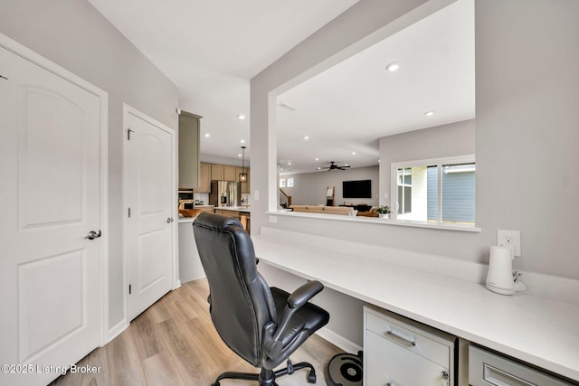 19136 Catalpa Fields Pl, Louisville, KY 40023 - office space with light wood-type flooring, ceiling fan, recessed lighting, and built in desk