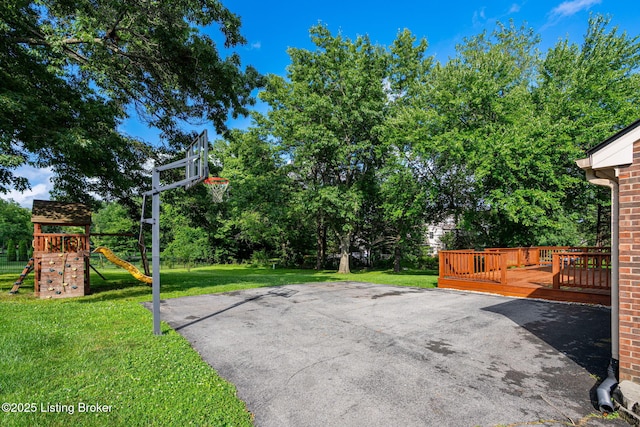 3627 E Locust Cir, Prospect, KY 40059 - view of patio featuring a playground, a wooden deck, and view of wooded area