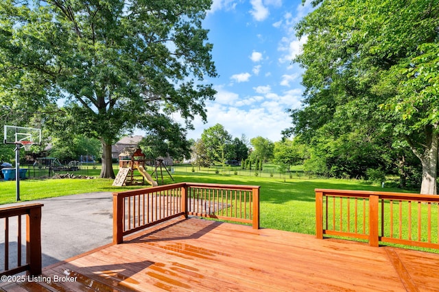 3627 E Locust Cir, Prospect, KY 40059 - wooden deck with a playground and a fenced backyard