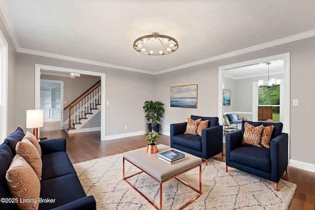 3627 E Locust Cir, Prospect, KY 40059 - living area featuring a chandelier, wood finished floors, stairs, and crown molding
