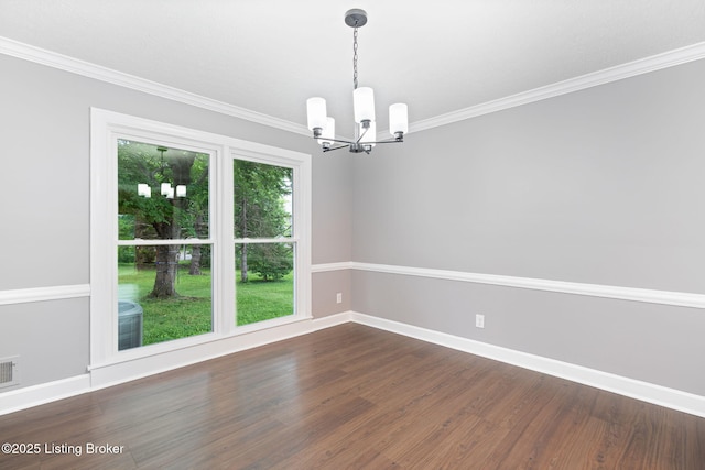 3627 E Locust Cir, Prospect, KY 40059 - spare room featuring a chandelier, ornamental molding, and dark wood-type flooring