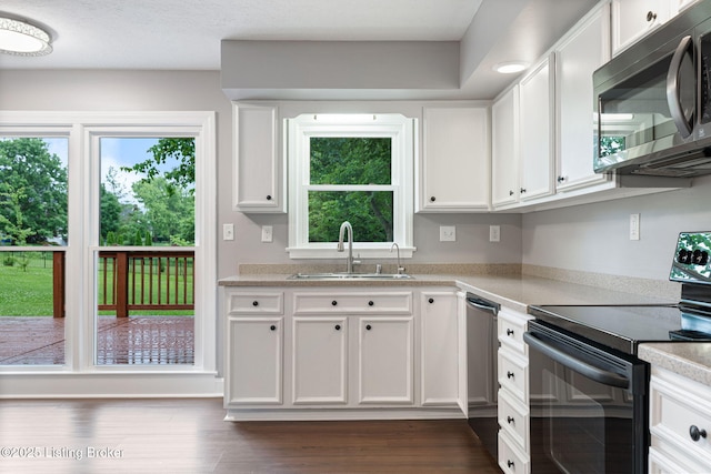 3627 E Locust Cir, Prospect, KY 40059 - kitchen featuring stainless steel microwave, black / electric stove, light countertops, white cabinets, and dark wood finished floors