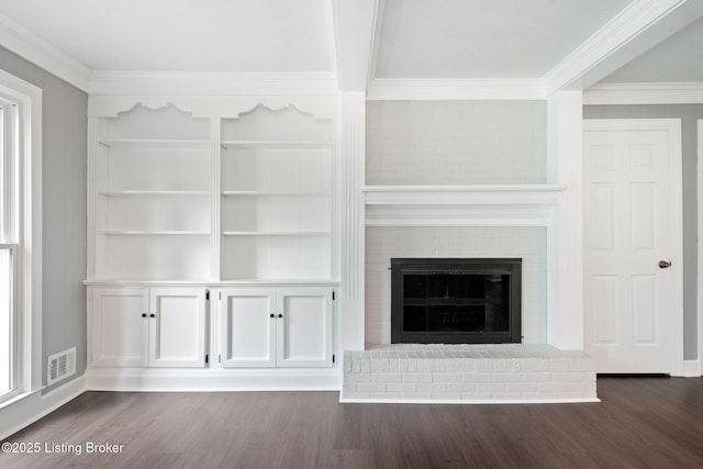 3627 E Locust Cir, Prospect, KY 40059 - unfurnished living room featuring crown molding, dark wood-style flooring, and a brick fireplace