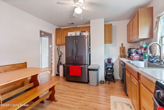 703 Cheri Way, Fairdale, KY 40118 - kitchen featuring freestanding refrigerator, range, light countertops, light wood finished floors, and a ceiling fan