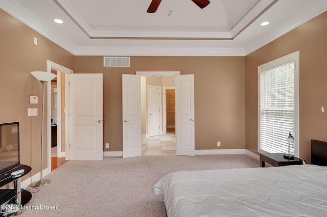 3509 Sasse Way, Louisville, KY 40245 - bedroom featuring a tray ceiling, light colored carpet, ornamental molding, recessed lighting, and a ceiling fan