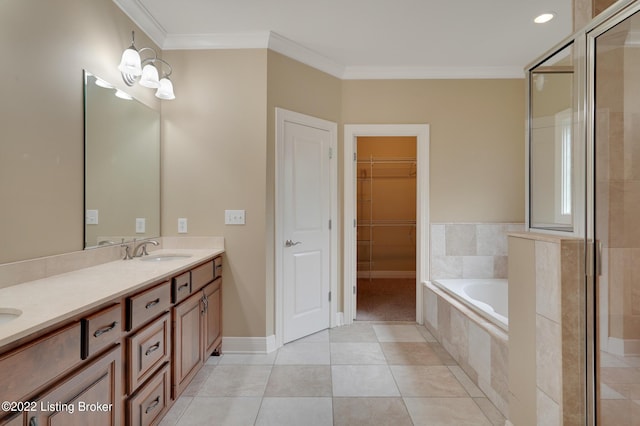 3509 Sasse Way, Louisville, KY 40245 - full bath with crown molding, double vanity, a bath, tiled shower, and tile patterned flooring