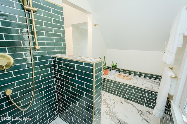114 S Crestmoor Ave, Louisville, KY 40206 - bathroom featuring marble look tile flooring and lofted ceiling