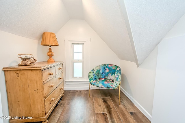 114 S Crestmoor Ave, Louisville, KY 40206 - sitting room featuring dark wood-type flooring, vaulted ceiling, and a textured ceiling