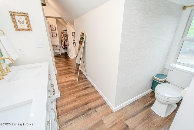 114 S Crestmoor Ave, Louisville, KY 40206 - bathroom featuring wood finished floors, vanity, and vaulted ceiling