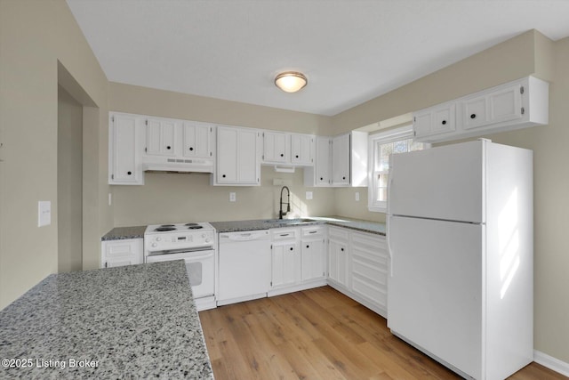 1123 Meadowridge Trl, Goshen, KY 40026 - kitchen with white appliances, under cabinet range hood, white cabinetry, and light wood-style flooring