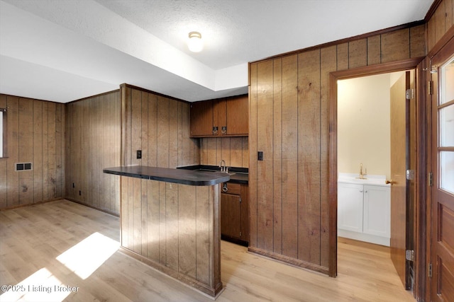 1123 Meadowridge Trl, Goshen, KY 40026 - kitchen with wood walls, dark countertops, light wood-style floors, and brown cabinetry