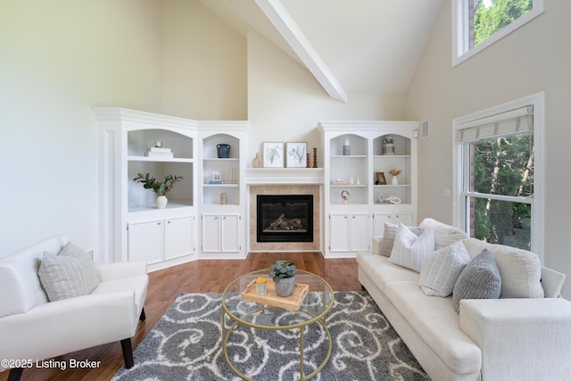 6205 Elizabeth Ct, Prospect, KY 40059 - living room with high vaulted ceiling, a tile fireplace, and wood finished floors