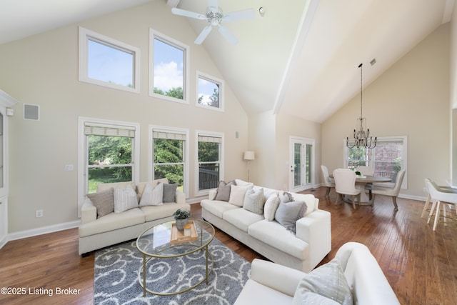 6205 Elizabeth Ct, Prospect, KY 40059 - living room featuring high vaulted ceiling, a ceiling fan, wood-type flooring, a chandelier, and beamed ceiling
