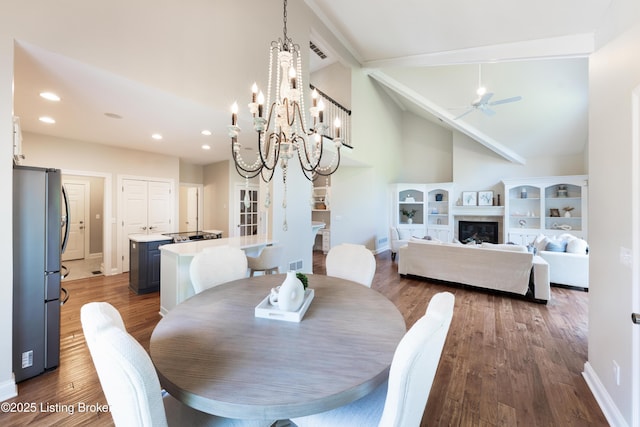 6205 Elizabeth Ct, Prospect, KY 40059 - dining space featuring ceiling fan, beamed ceiling, wood finished floors, recessed lighting, and high vaulted ceiling