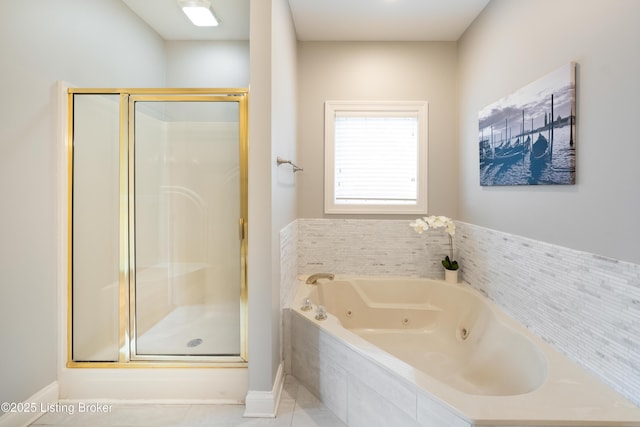 6205 Elizabeth Ct, Prospect, KY 40059 - bathroom featuring a stall shower, a tub with jets, and tile patterned flooring