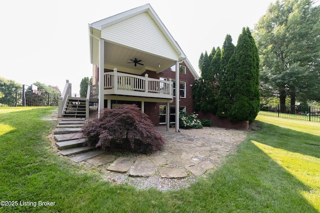 6205 Elizabeth Ct, Prospect, KY 40059 - rear view of property with a ceiling fan, stairs, a deck, a patio area, and brick siding