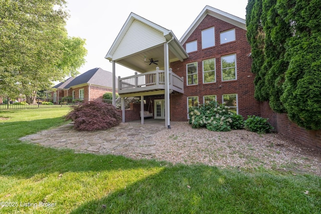 6205 Elizabeth Ct, Prospect, KY 40059 - rear view of house with ceiling fan, brick siding, a wooden deck, and a patio