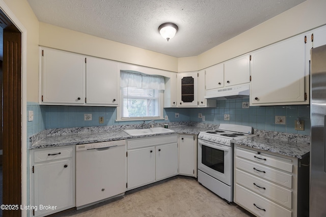 6704 Hollow Tree Rd, Louisville, KY 40228 - kitchen with white appliances, under cabinet range hood, a textured ceiling, white cabinets, and backsplash