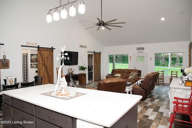9115 Independence School Rd, Louisville, KY 40228 - kitchen with a barn door, high vaulted ceiling, light countertops, ceiling fan, and open floor plan