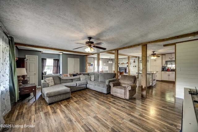 94 Buckhorn Ln, Leitchfield, KY 42754 - living room with ceiling fan, a textured ceiling, and dark wood finished floors