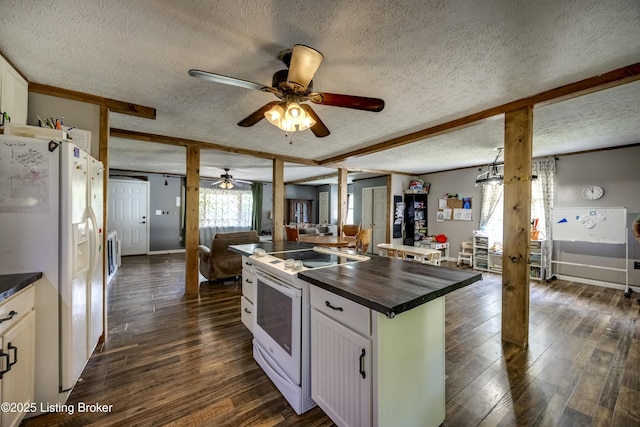 94 Buckhorn Ln, Leitchfield, KY 42754 - kitchen featuring white appliances, a textured ceiling, open floor plan, wooden counters, and a ceiling fan