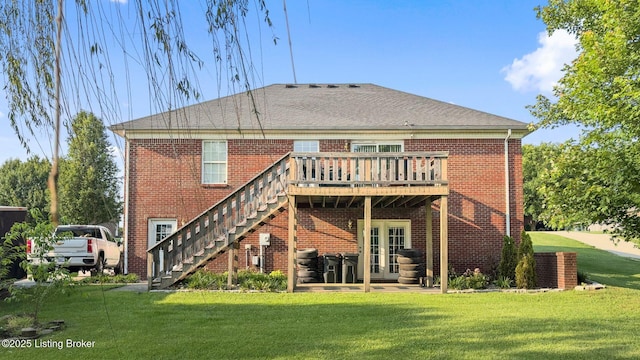 131 Benelli Dr, Bardstown, KY 40004 - rear view of house featuring stairs, a wooden deck, a lawn, and brick siding