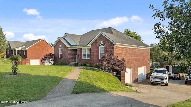 131 Benelli Dr, Bardstown, KY 40004 - view of front of house with brick siding, concrete driveway, an attached garage, and a front lawn