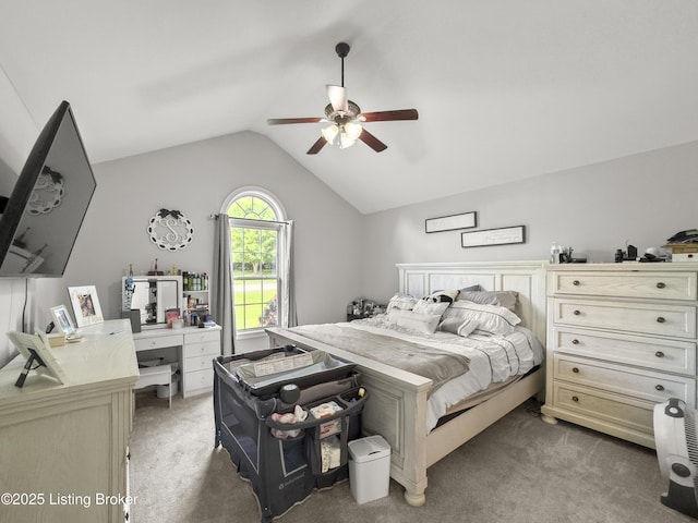 131 Benelli Dr, Bardstown, KY 40004 - bedroom with light colored carpet, vaulted ceiling, ceiling fan, and an office area