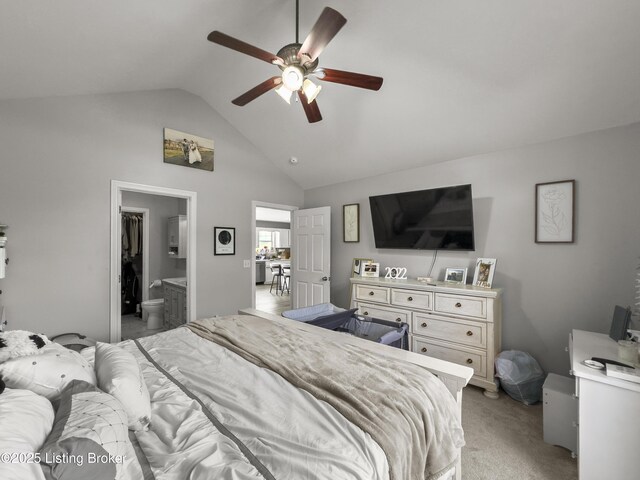 131 Benelli Dr, Bardstown, KY 40004 - bedroom with light carpet, a ceiling fan, high vaulted ceiling, and ensuite bath