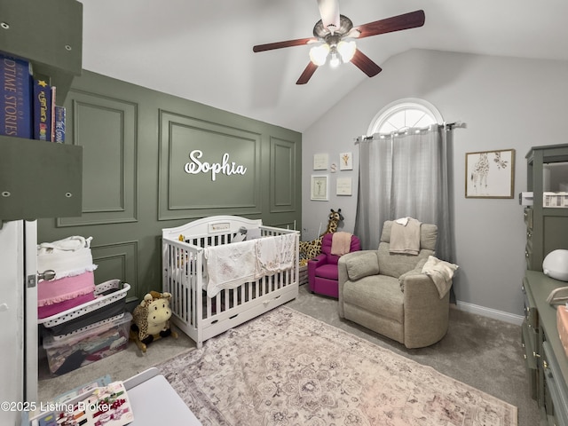 131 Benelli Dr, Bardstown, KY 40004 - carpeted bedroom with a nursery area, vaulted ceiling, and ceiling fan