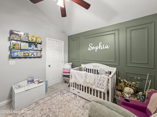 131 Benelli Dr, Bardstown, KY 40004 - bedroom featuring a nursery area, vaulted ceiling, light colored carpet, and a ceiling fan