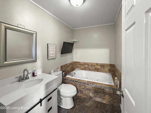 131 Benelli Dr, Bardstown, KY 40004 - full bathroom with a jetted tub, ornamental molding, stone tile floors, and vanity