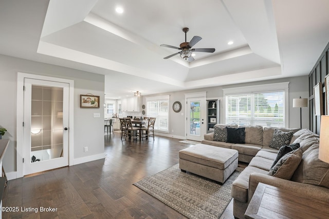57 Pilots Way, Taylorsville, KY 40071 - living room with a tray ceiling, ceiling fan, dark wood-type flooring, and recessed lighting