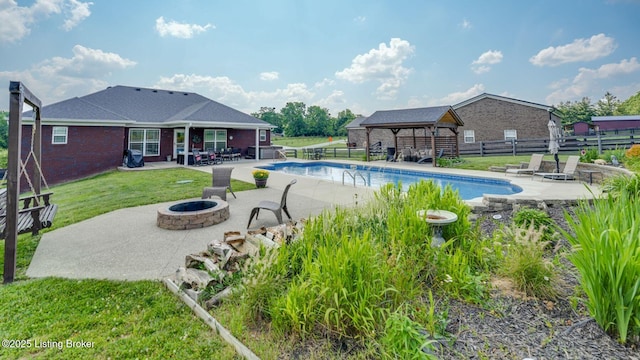 57 Pilots Way, Taylorsville, KY 40071 - view of swimming pool featuring a fire pit, a patio, and a gazebo