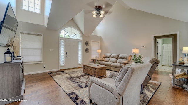 116 N Howard St, Bardstown, KY 40004 - living room with high vaulted ceiling, ceiling fan, and hardwood / wood-style floors