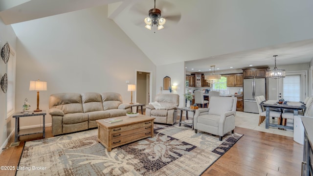 116 N Howard St, Bardstown, KY 40004 - living room featuring ceiling fan, high vaulted ceiling, light wood finished floors, and recessed lighting