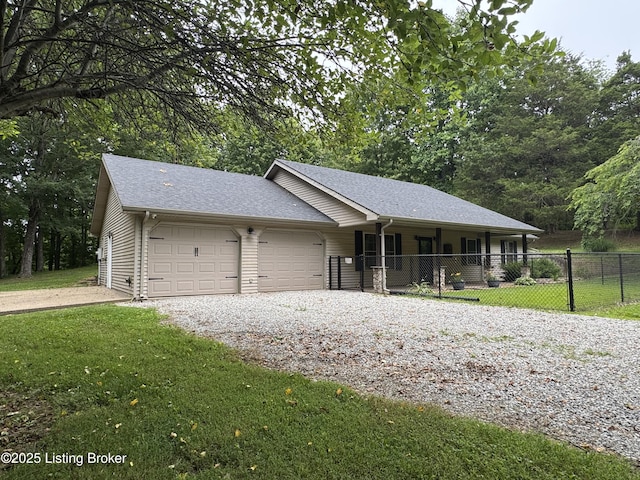 606 Lone Oak Rd, Clarkson, KY 42726 - single story home with gravel driveway, a garage, a porch, and roof with shingles
