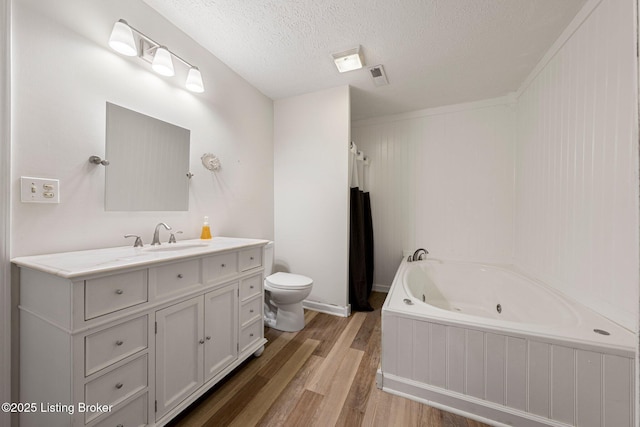 606 Lone Oak Rd, Clarkson, KY 42726 - full bathroom with wood finished floors, a whirlpool tub, vanity, and a textured ceiling
