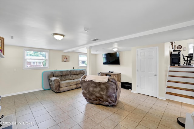 3408 Acacia Ave, Shepherdsville, KY 40165 - living room featuring light tile patterned floors and stairway