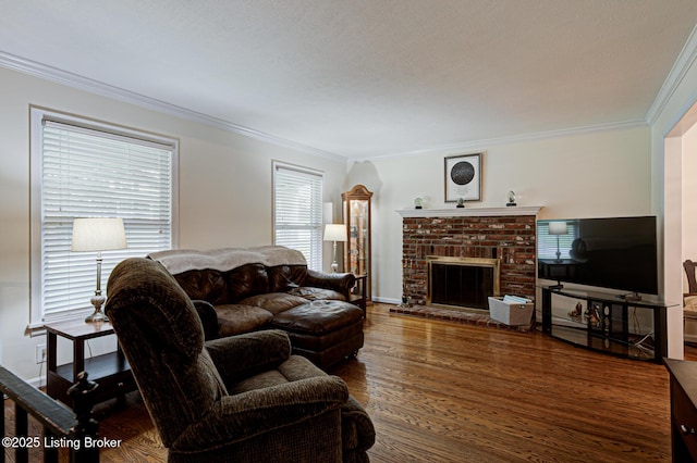 7401 Switch Bark Rd, Louisville, KY 40228 - living room with ornamental molding, wood finished floors, and a brick fireplace