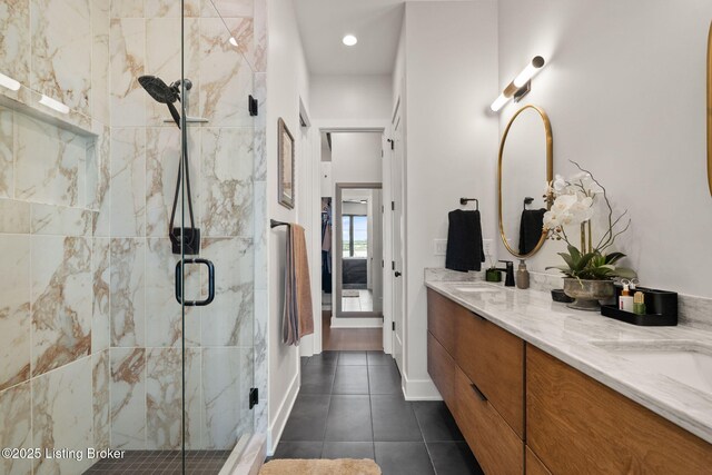 104 Howard Ln, Jeffersonville, IN 47130 - full bathroom with tile patterned flooring, a marble finish shower, double vanity, and recessed lighting